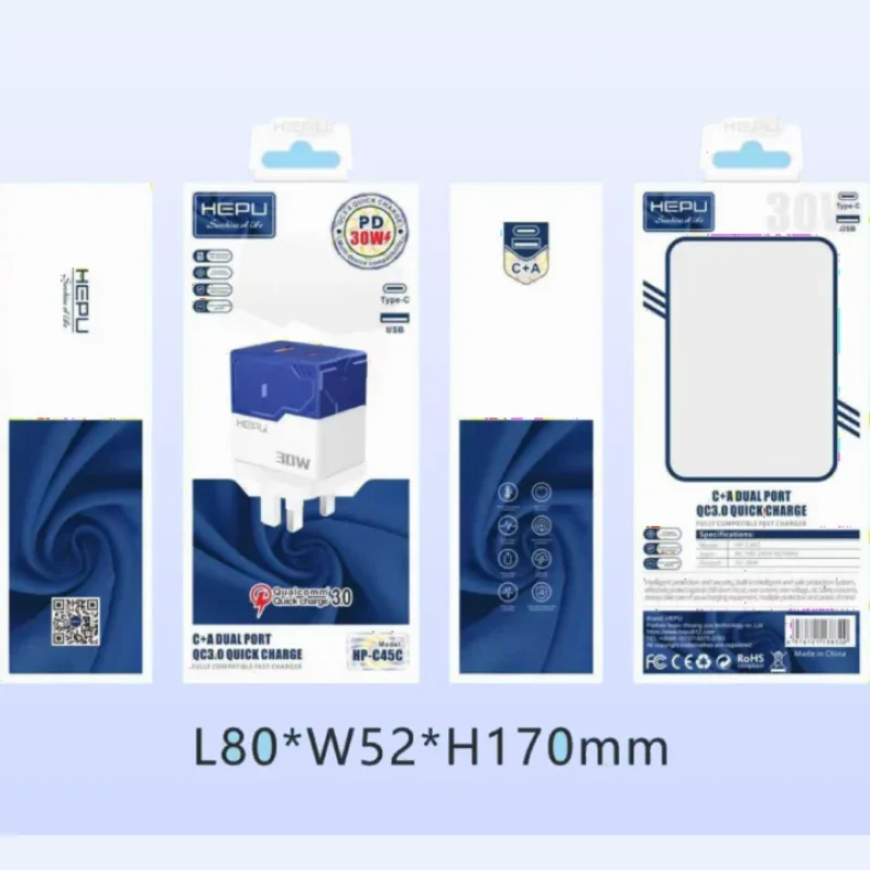 HEPU HP-C45 30W USB-A + Type-C Fast Charger (UK Plug) with C-to-C Cable